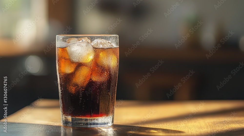 A glass of cola on a wooden surface, condensation running down the side, with ice cubes and ample space for business messaging. A glass of cola on a wooden surface, condensation running down the side, with ice cubes and ample space for business messaging.