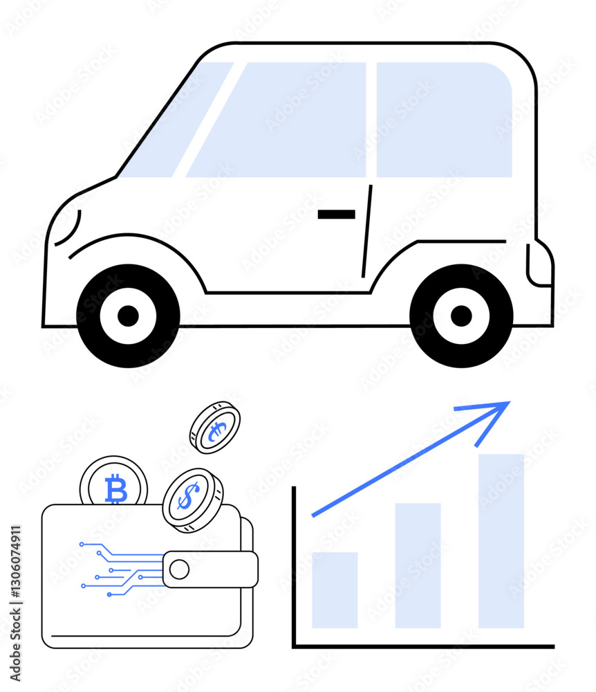 Naklejka premium Electric vehicle with cryptocurrency coins and digital wallet beside a rising growth chart. Ideal for finance, eco-business, innovation, technology, investment, sustainability, green energy. Flat