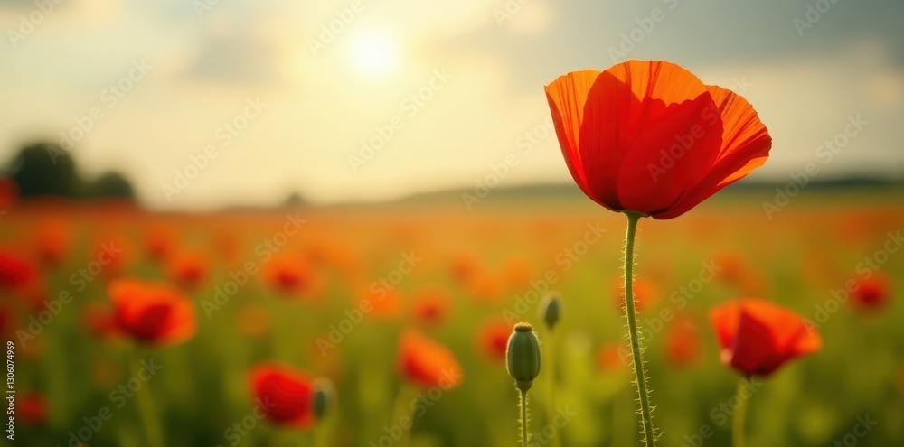Fototapeta premium Crimson poppy in sunlit field, delicate details visible, vibrant, petal, picture