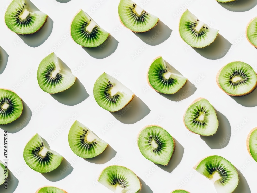 Fototapeta premium Backlit kiwi fruit slices on white background. - ai