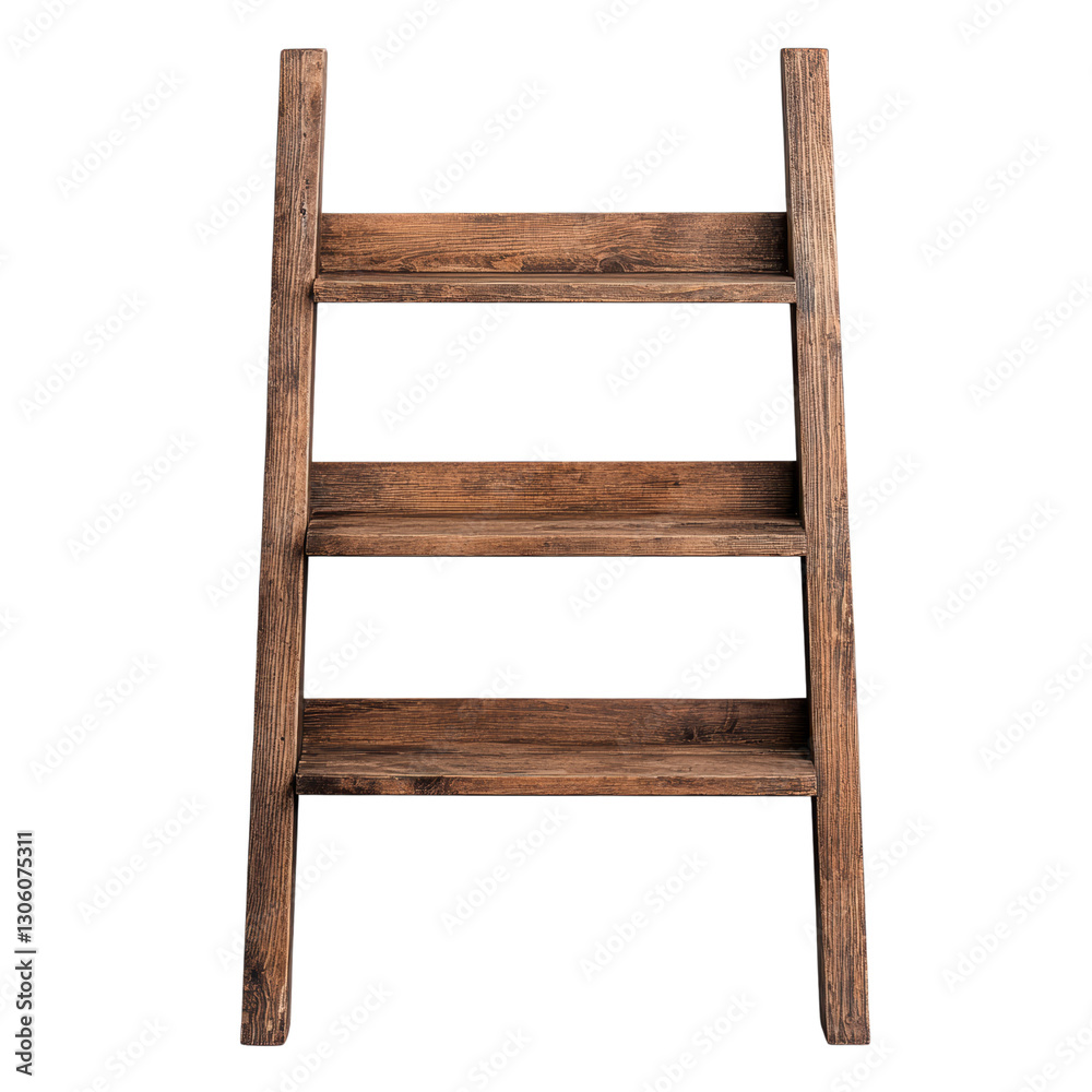 A rustic wooden ladder with four rungs, showcasing a weathered texture and natural finish. isolated on white background. A rustic wooden ladder with four rungs, showcasing a weathered texture and natural finish. isolated on white background.