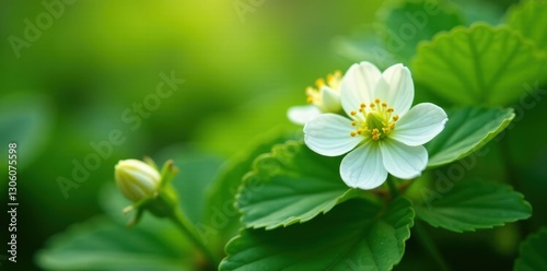 Delicate white strawberry blossom, lush green leaves, early spring garden , close-up, background, macro