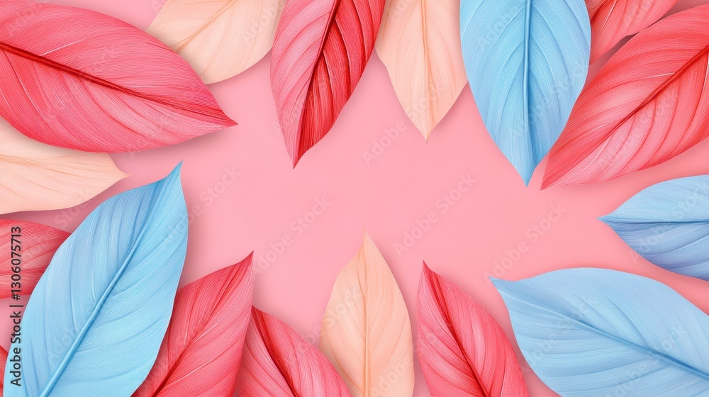 Obraz premium Pastel Pink Background with Red, Peach, and Light Blue Leaves Frame