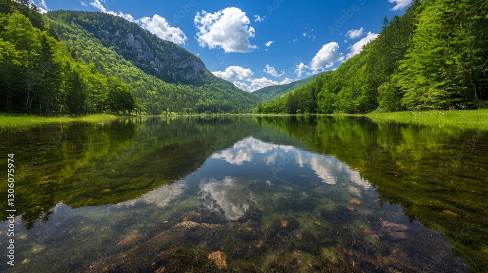Serene Mountain Lake Reflection on a Sunny Day Serene Mountain Lake Reflection on a Sunny Day