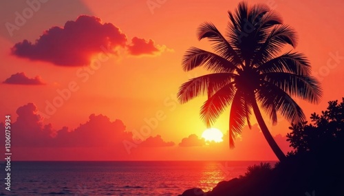 Elegant palm silhouettes against sunset, tropical vibe, ocean, tropical background, vacation