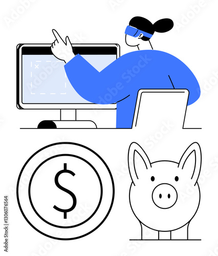 Person in VR headset interacts with screen, accompanied by a coin with dollar sign and piggy bank. Ideal for finance technology, saving, budgeting, innovation, investment, VR applications, flat