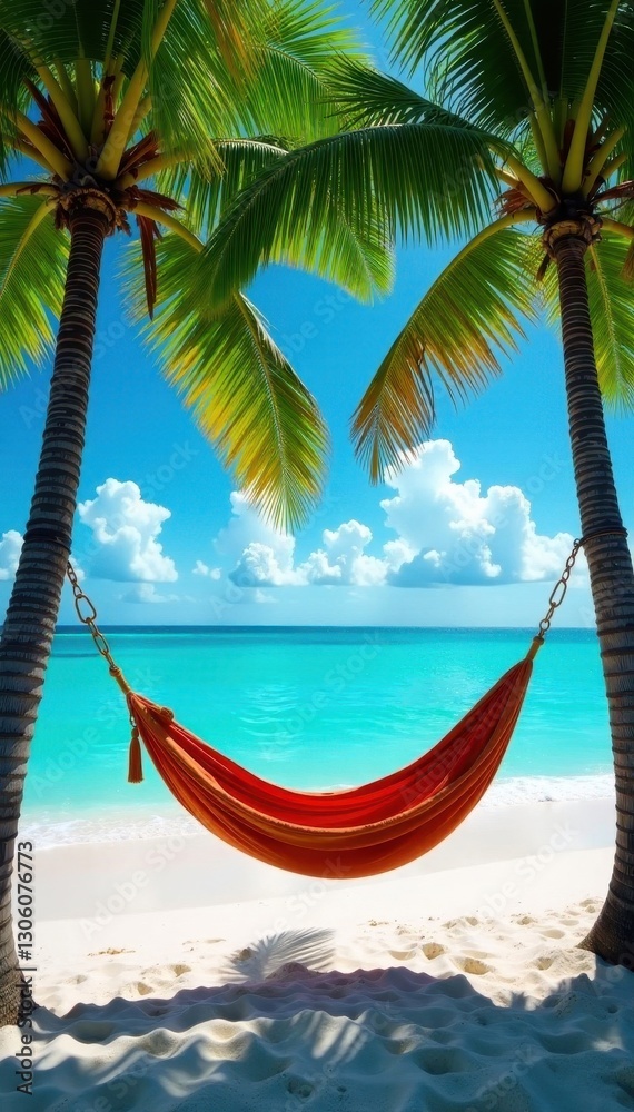 Fototapeta premium Hammock hangs between palms on flawless beach, comfort, seascape, sand