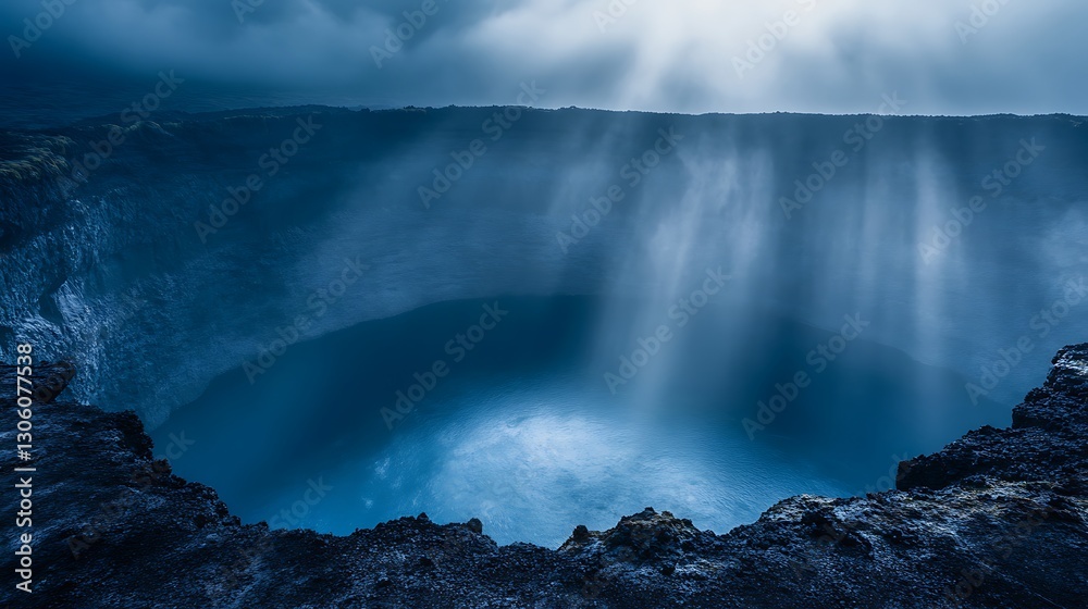 Fototapeta premium Deep blue Icelandic crater lake bathed in ethereal light and mist