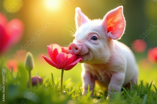 Wallpaper Mural Pink piglet's nose touches vibrant bloom in sunny garden , garden, rustic, happy Torontodigital.ca