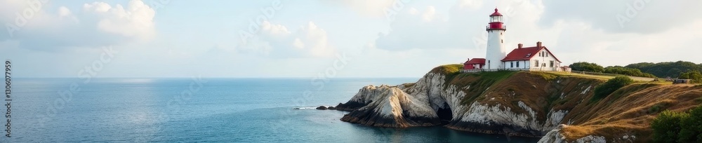 Red and white lighthouse seaside clifftop scene, red, vintage, white Red and white lighthouse seaside clifftop scene, red, vintage, white