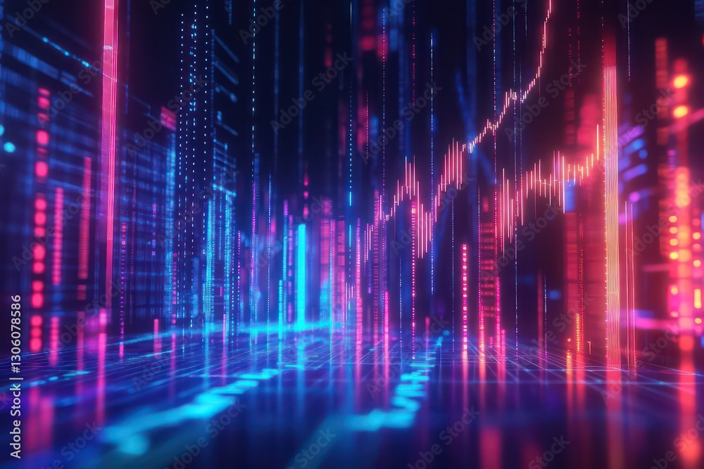 A glowing neon-style digital composition showcasing financial growth trends with stock trading insights and market statistics. A glowing neon-style digital composition showcasing financial growth trends with stock trading insights and market statistics.