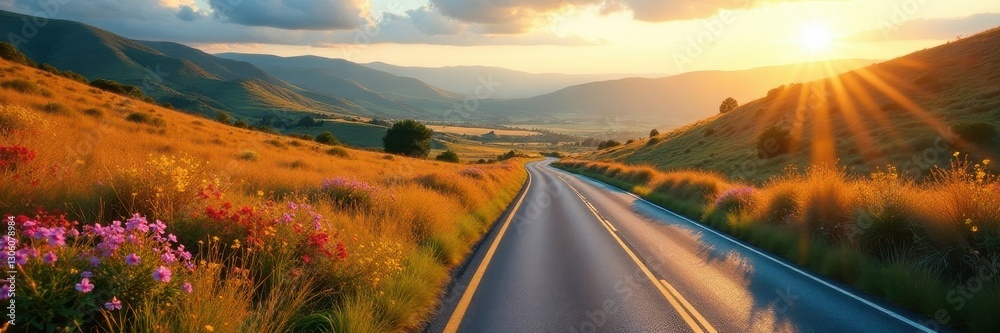 Fototapeta premium Sun-dappled highway curves through vibrant wildflowers and rolling hills , green, pastoral