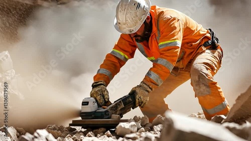 Industrial Grit: A rugged worker in protective gear, intensely focused on the task at hand, uses a power tool to grind or cut through a solid surface, generating a cloud of dust.