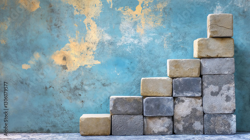 Stone blocks stacked as staircase against old textured wall, symbolizing strength, growth, resilience, career progress, construction, success path, and solid foundation for future opportunities.