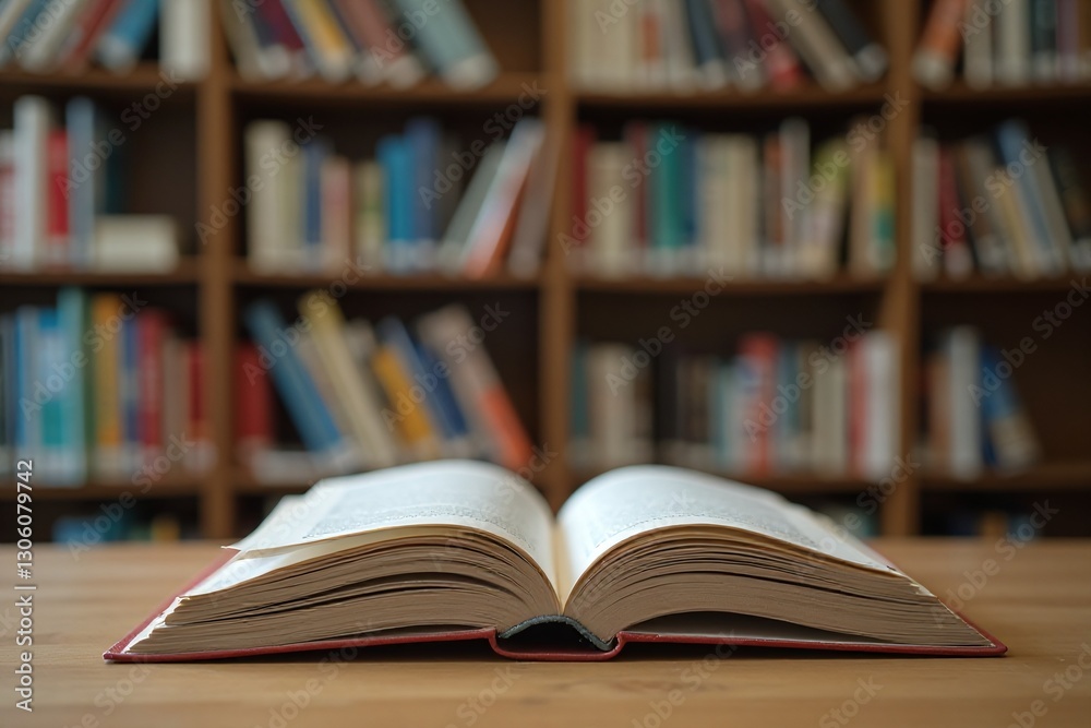 Open Book with Pages in Focus Displayed in a Library Setting Open Book with Pages in Focus Displayed in a Library Setting