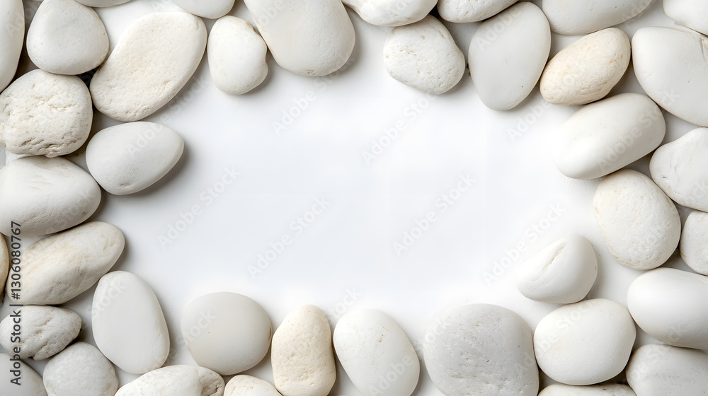 Smooth white pebbles create a border around a white background Smooth white pebbles create a border around a white background
