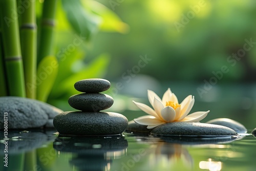 Tranquil Zen Garden with Stones and Lotus Flower in Water