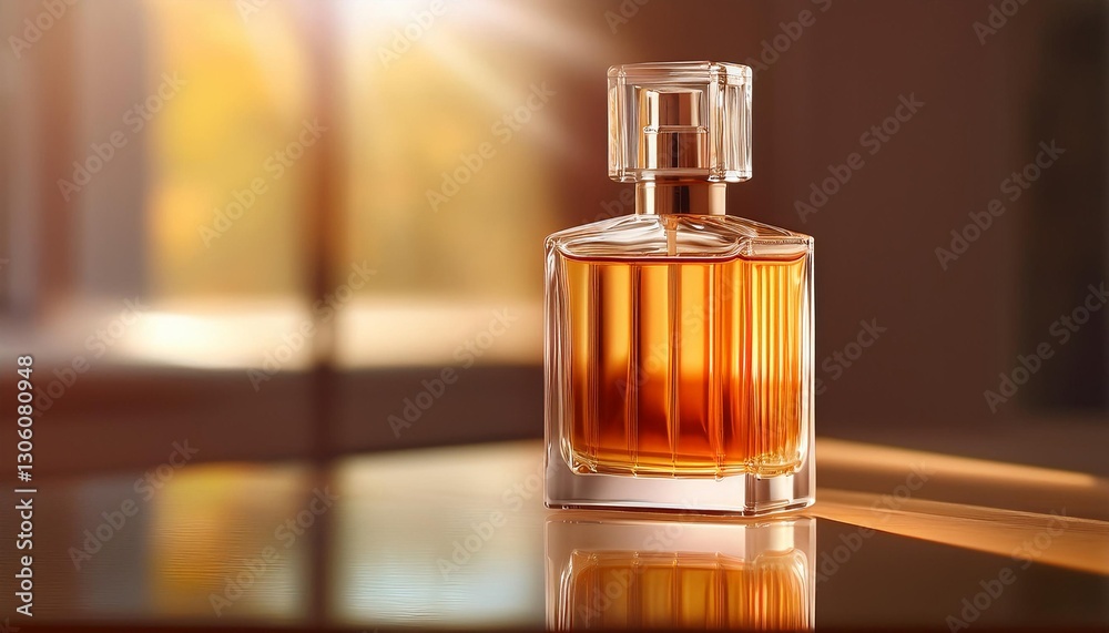 Elegant Blank Perfume Bottle Mockup with Amber Liquid in a Warm Temperature. Perfume with Reflection Background and Natural Daylight. Elegant Blank Perfume Bottle Mockup with Amber Liquid in a Warm Temperature. Perfume with Reflection Background and Natural Daylight.