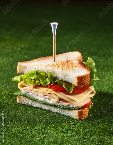A delicious sandwich secured with a golf tee sits on green artificial turf for lunch