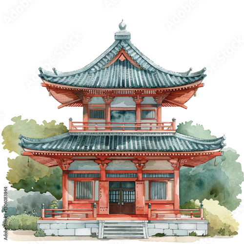 An ancient Japanese temple cartoon style watercolor