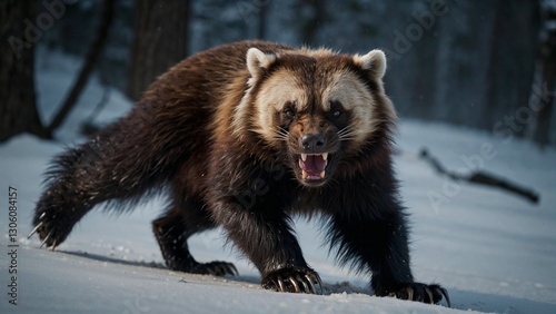 Wolverine moving assertively through the snowy forest with a fierce expression and copy space
