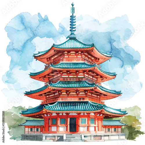 An ancient Japanese temple cartoon style watercolor