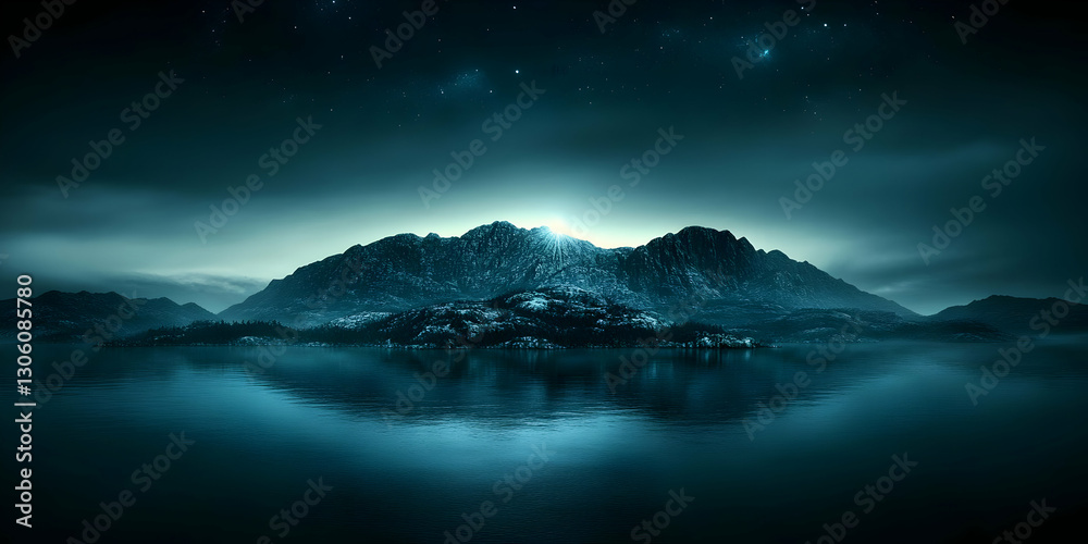 Abstract 3D Illustration Of A Pixelated Blue City On Water Under The Abstract 3D Illustration Of A Pixelated Blue City On Water Under The