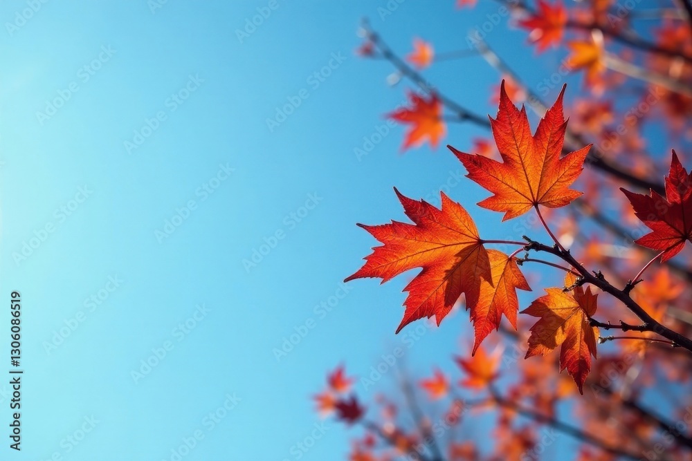 Crimson, orange, yellow leaves against clear azure sky, bare branches, sharp, texture Crimson, orange, yellow leaves against clear azure sky, bare branches, sharp, texture