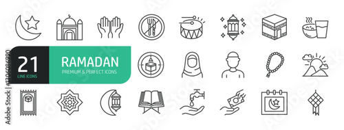 Set Of Ramadan Line Icons. The set includes a Islam, Mosque, Fasting, Quran, Worshipper, Kaaba, Religion, Crescent, Prayer, Hajj, Pilgrim, Lantern, and more.