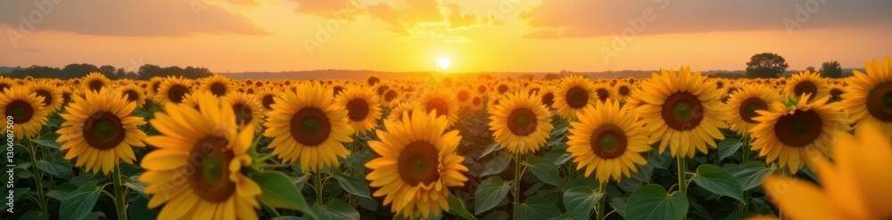 Fototapeta premium Endless rows of sunflowers, facing the rising sun, vibrant yellow , outdoor, sunshine
