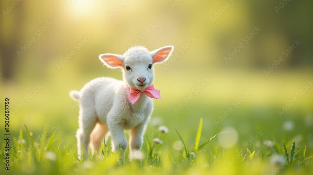 A cute white Easter lamb standing in a green meadow, wearing a pastel pink satin bow around its neck