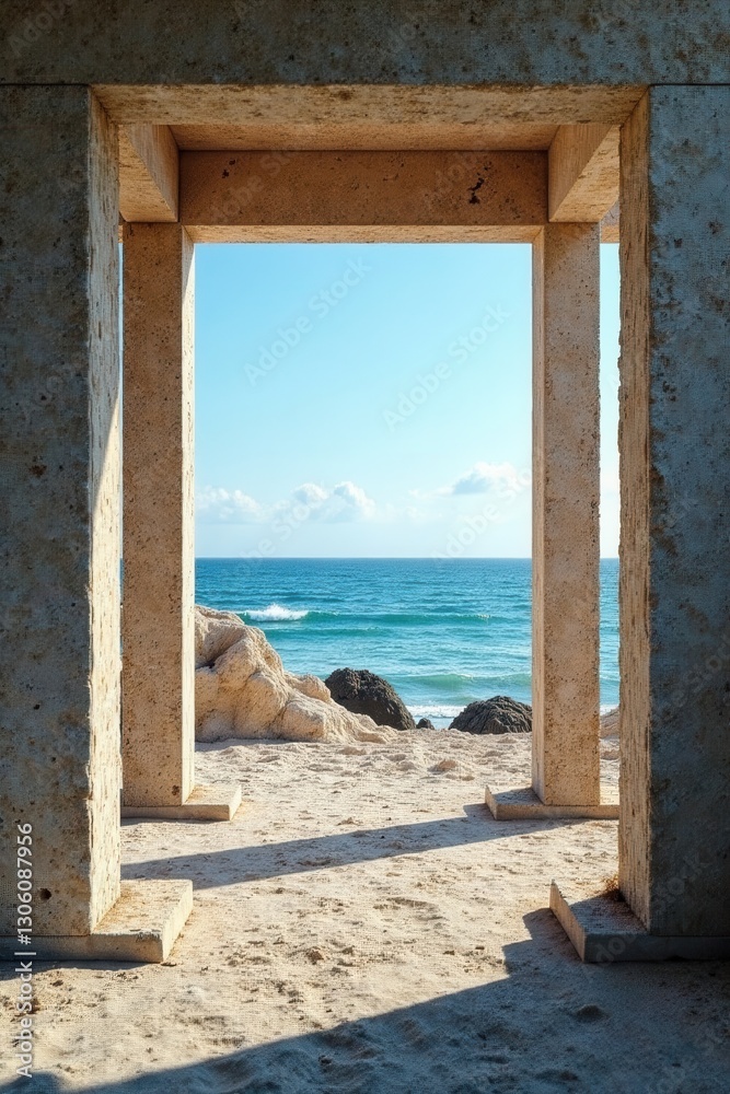 Foundation beams and framing against ocean backdrop, wood, project, property development Foundation beams and framing against ocean backdrop, wood, project, property development