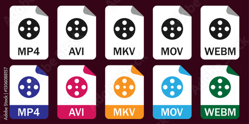 Set of video file format icons, including MP4, AVI, MOV, MKV, WEBM. Ideal for UI, video editing, streaming, file management, and tech-related content.  