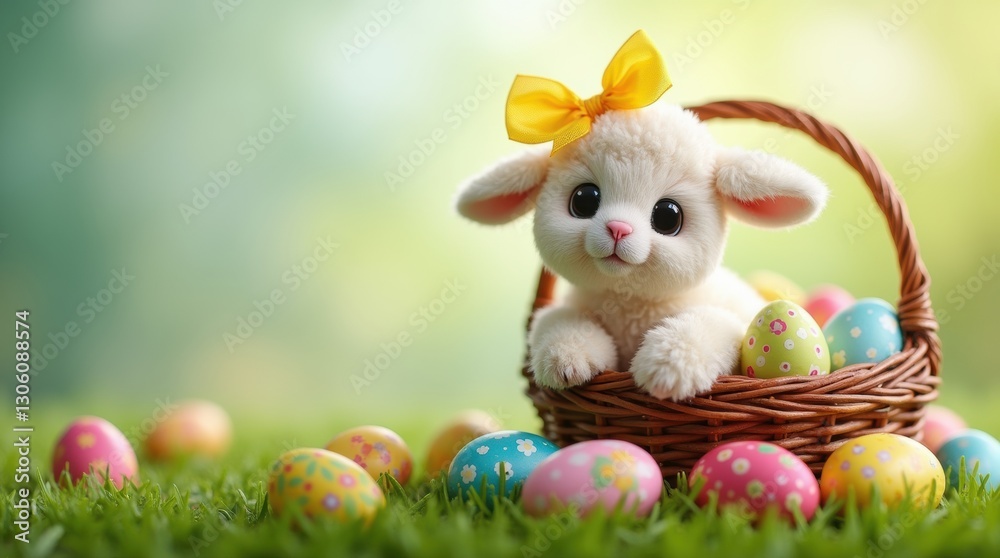 Fototapeta premium An Easter lamb with a bright yellow bow standing next to a woven basket filled with colorful Easter eggs