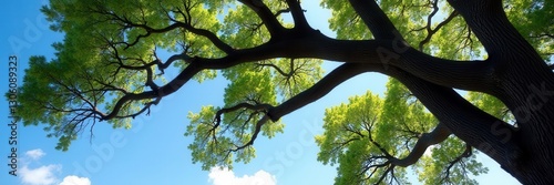 Massive oak tree limbs, stark against a cloudless azure sky , outdoor, silhouette