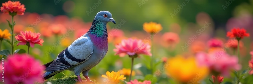 Serene archangel pigeon amidst vibrant blooms, colorful garden , painting, angel