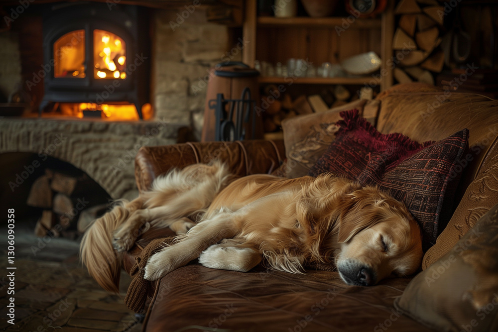 Obraz premium A golden retriever relaxing on a comfortable couch in front of a cozy fireplace, surrounded by warm and inviting home decor, creating a relaxing and peaceful atmosphere.