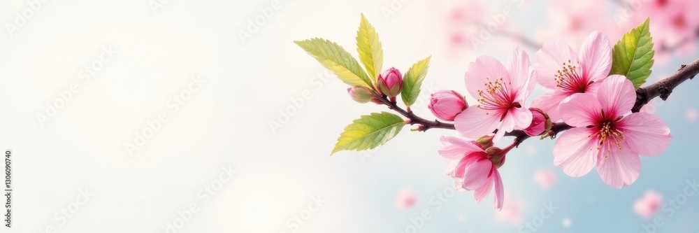 Obraz premium Soft watercolor painting, cherry blossom branch with gentle pink blooms and vibrant green leaves , vibrant, flora, flowers