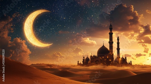 A beautiful, glowing moon is shining on a desert landscape with a large, ornate building in the background. Concept of wonder and awe, as if the viewer is witnessing a magical moment in time