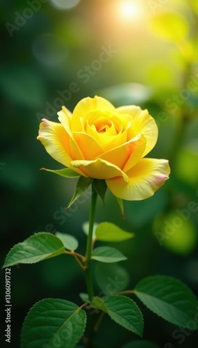 Sunlit yellow rose in full bloom, lush green foliage overhead , golden, garden