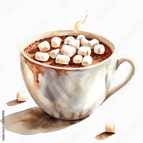 A warm cup of cocoa topped with marshmallows cartoon style watercolor
