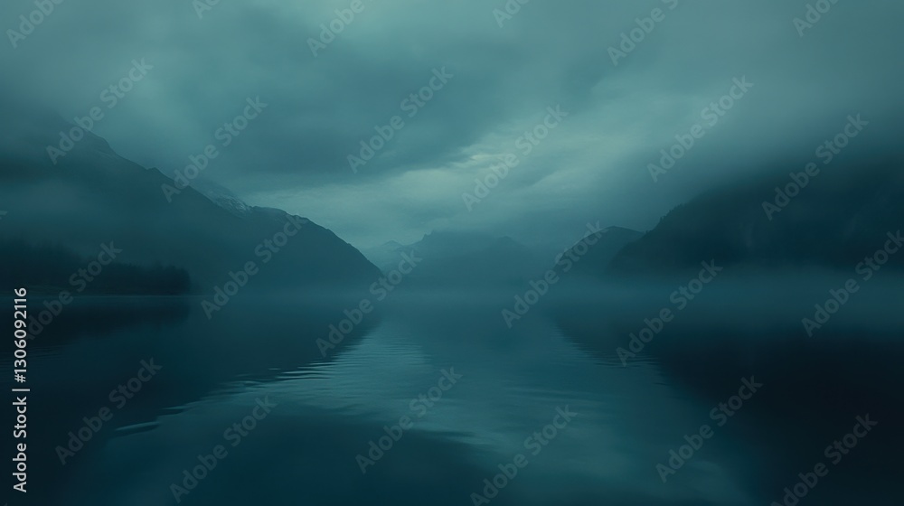 Obraz premium Mysterious Foggy Lake at Dawn with Mountains and Dark Clouds
