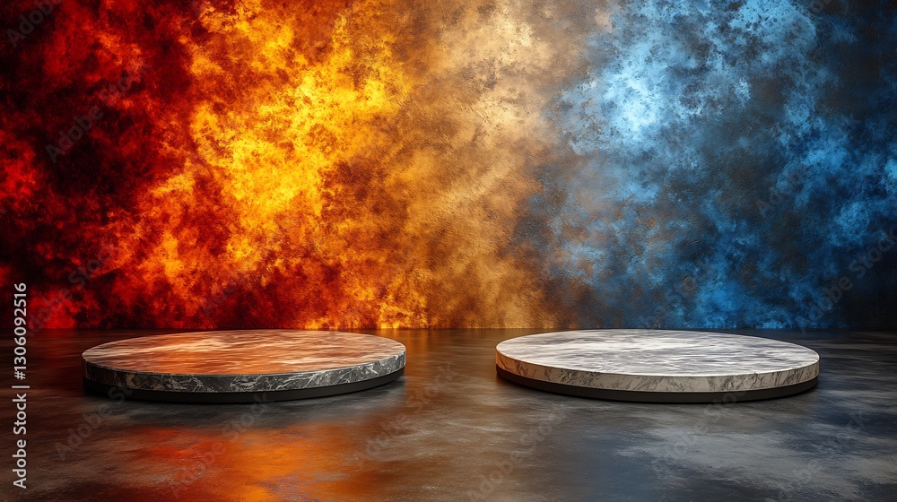 Obraz premium Fiery blue contrasting light illuminates elegant marble podiums. AI Generated
