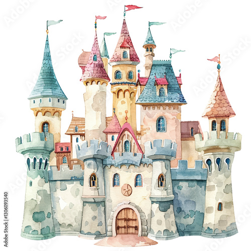 A whimsical castle cartoon style watercolor