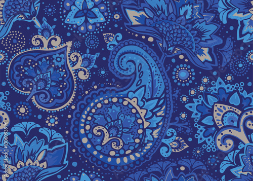 Seamless paisley pattern in Oriental style with floral and ethnic motifs for printed fabric, wallpaper, and packaging