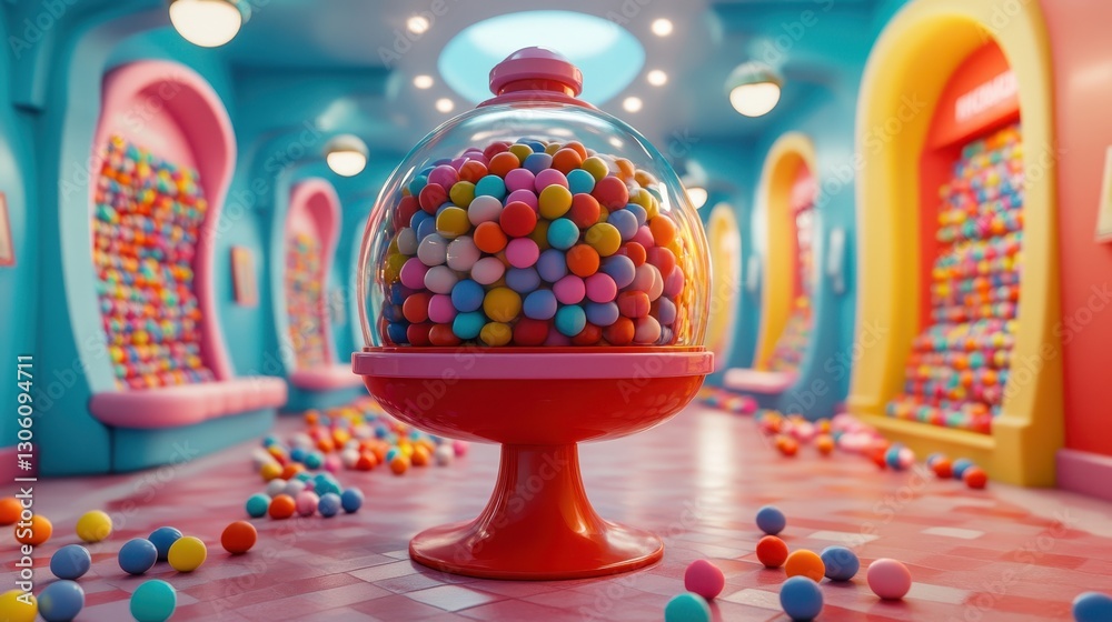 Fototapeta premium Gumball machine filled with colorful gumballs sits in a vibrant candy-themed room. Perfect for illustrating themes of fun, childhood, and sugary treats.