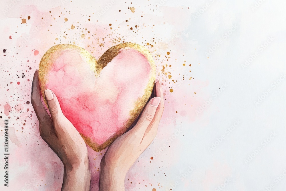 Fototapeta premium A dreamy watercolor depiction of hands holding a glowing heart, with soft pink and golden hues creating an ethereal atmosphere