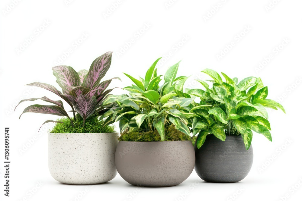 Obraz premium A set of air-purifying plants in contemporary containers, isolated on white.