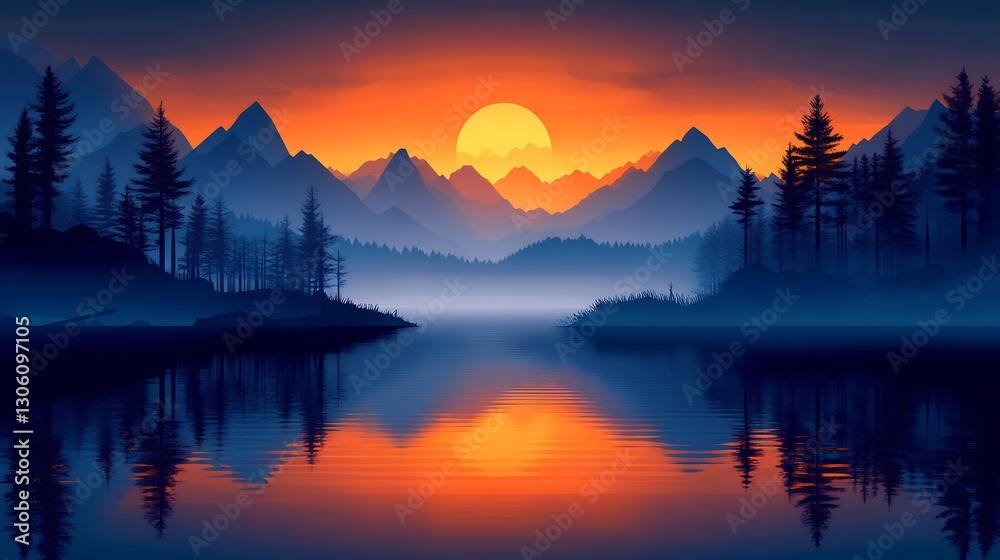 Serene Sunset Mountain Lake Reflection Vivid Colors. AI Generated Serene Sunset Mountain Lake Reflection Vivid Colors. AI Generated