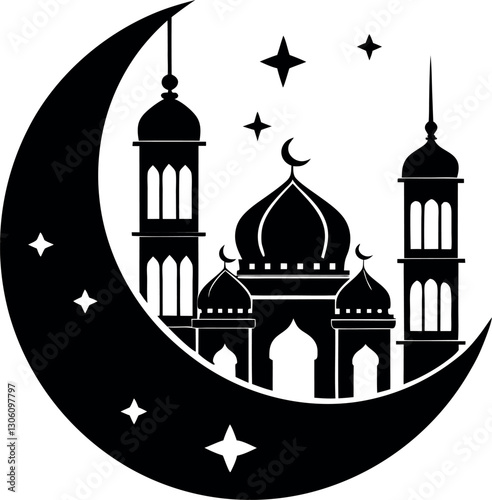 Islamic Mosque with Crescent Moon and Stars - Ramadan Kareem Silhouette